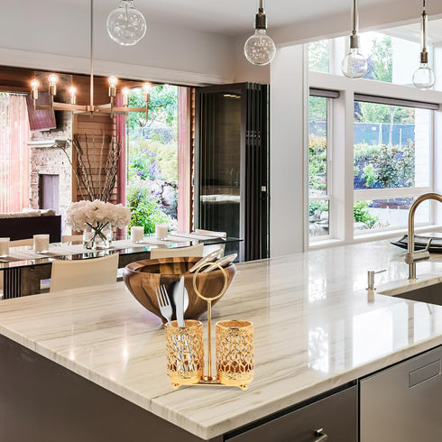 Hemoton Golden Utensils Holder Rotating Metal Utensils Holder Silverware Organizer Cutlery Holder Fork Spoon Flatware Storage Basket for Counterto...