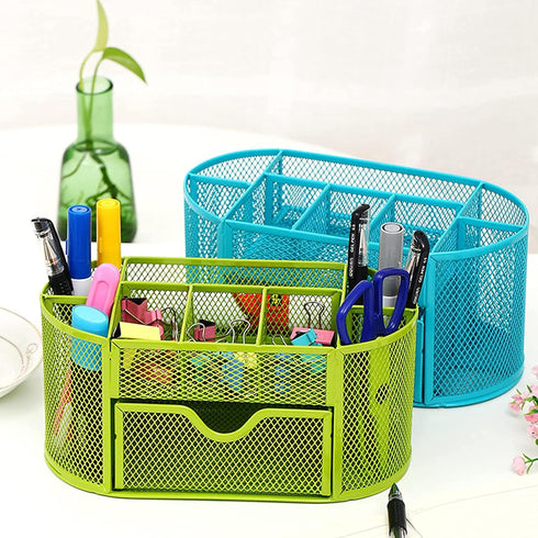 Silver Mesh Pen Holder and Organizer Office Supplies with 9 Compartments, Desktop Organizer with Drawer, Metal Pen Holder for Desk, ?9.25" x 4.53"...