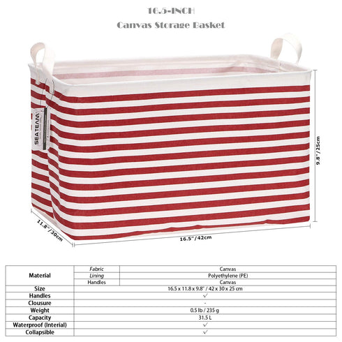 Sea Team Collapsible Canvas Fabric Storage Basket with Handles, Rectangle Waterproof Storage Bin, Box, Cube, Foldable Shelf Basket, Closet Organiz...