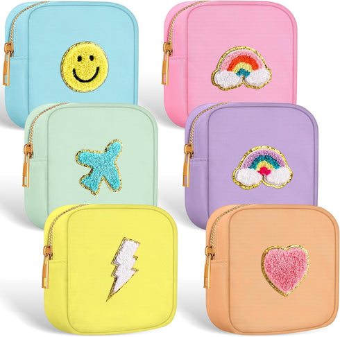 Zubebe 6 Pcs Preppy Patch Cute Makeup Bags Toiletry Bags Skincare Bag Chenille Letter Nylon Bag for Purse Small Zipper Cosmetic Makeup Pouch Prepp...