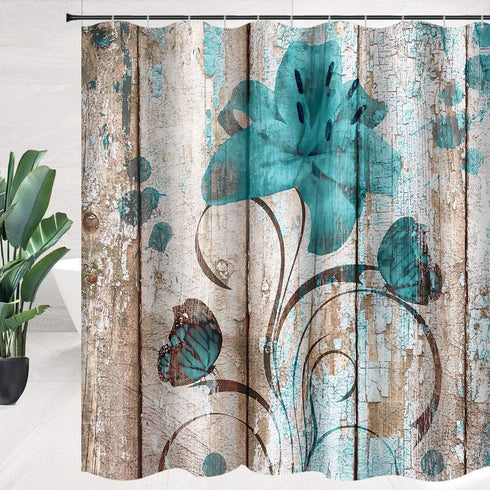 Floral Flower Shower Curtain Rustic Shower Curtain Set Teal Flower Butterfly Bathroon Curtain Farmhouse Wooden Plank Country Fabric Shower Curtain...