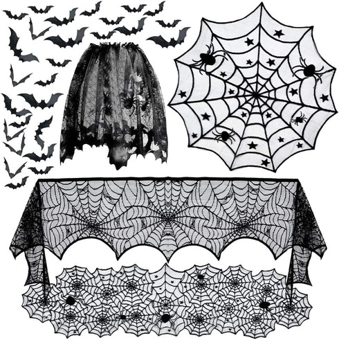 5pack Halloween Decorations Tablecloth Runner Black Lace Round Spider Cobweb Table Cover Fireplace Mantel Scarf Spiderweb Fireplace Scarf Spider L...