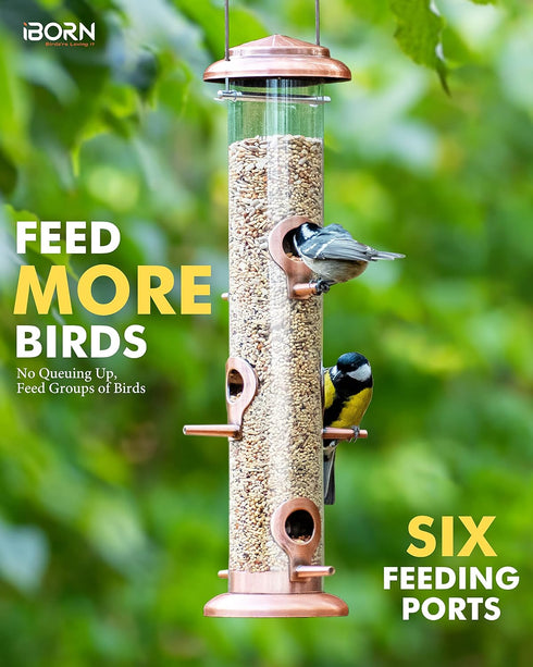iBorn Metal Bird Feeders Brushed Copper Wild Bird Feeder for Outdoors Hanging All Metal Brushed Copper Finishing 14 Inch 6 Port(Seed is not Includ...