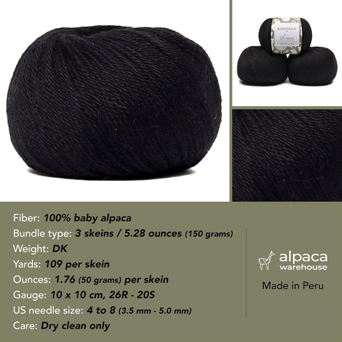 100% Baby Alpaca Yarn Wool Set of 3 Skeins DK Weight - Made in Peru - Heavenly Soft and Perfect for Knitting and Crocheting (Black, DK)...