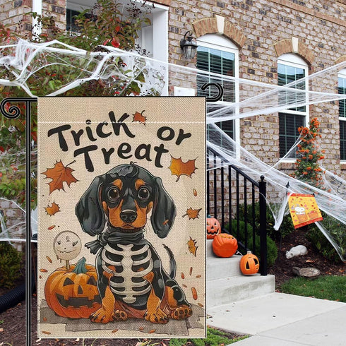 Halloween Garden Flags for Outside 12x18 Inch Double Sided Burlap, Trick or Treat Dachshund Garden Flag Halloween Dog Skeleton Decorations for Hom...