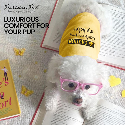 Parisian Pet Dog T-Shirt - Embroidered ' Caution Can’t Control My Licker ' Dog Tee Shirt - 100% Cotton, Dog Clothes - Sleeveless Pet Vest - Yellow...