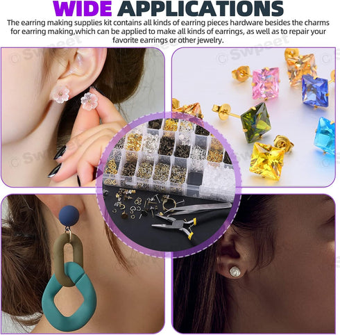 Swpeet 3053Pcs 3 Colors 4mm 6mm 8mm 10mm Earring Making Kit, Including Earring Posts, Gold Earring Backs, Open Jump Rings, Needle Nose Pliers, Elb...