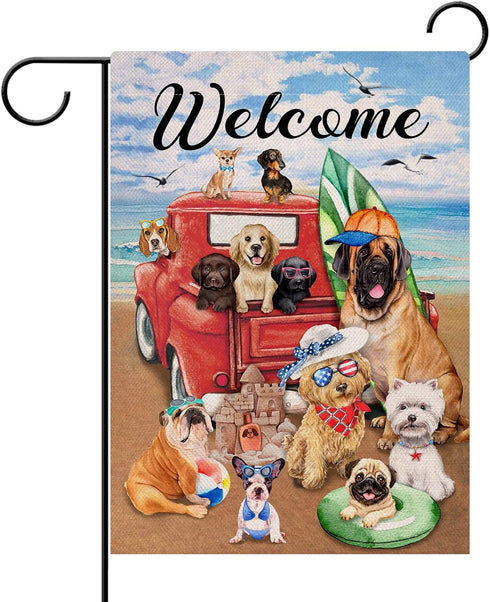 Welcome Summer Dogs Red Truck Beach Garden Flag Double Sided, Ocean Coastal Nautical Pickup Decorative Yard Outdoor Small Decor Home Outside Decor...