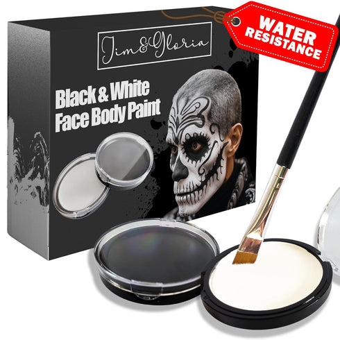 Jim&Gloria Black and White Face Paint + Painting Brush + UV Glow Tattoos, Sweatproof & Water Resistance Paints, Professional Palette Makeup Kit fo...