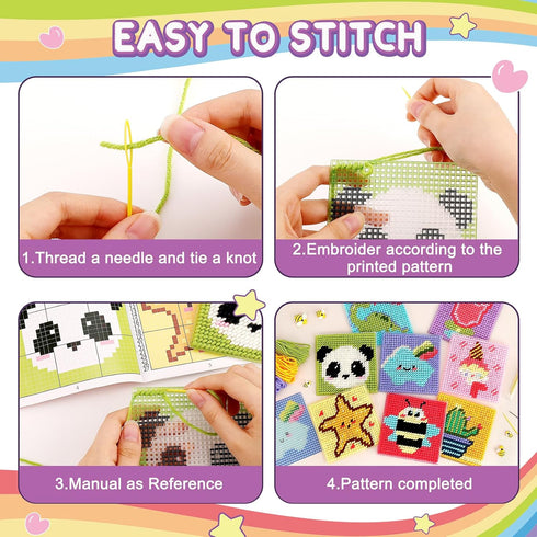 Caydo 8-in-1 Cross Stitch Kit for Beginners Kids, Includes 8 PCS Plastic Canvas with Pre-Patterns, 13 Colors Threads, Instructions, Embroidery Nee...