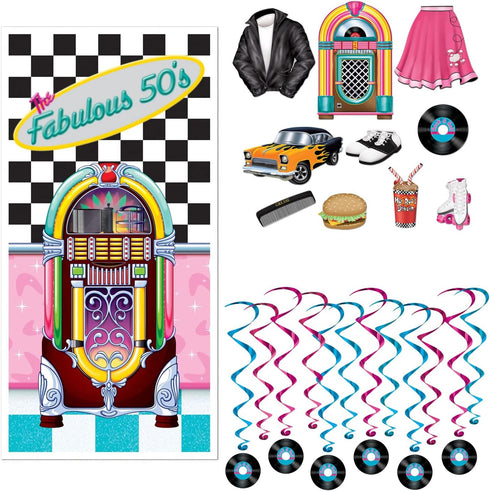Fabulous 50s Themed Door Cover Rock n Record Dangling Whirls Cutouts 16 Piece Decorations Bundle Great for Sock Hop, Soda Shop, 1950s, Dance Diner...