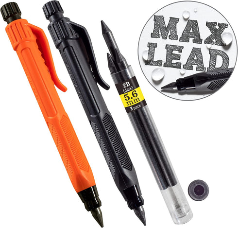 Rite in the Rain Heavy Duty Gravity-Fed Lead Holder Pencil, 5.6mm Dark (2B) Lead, Black and Orange Barrel, 2 Pack (No. 56-2)...