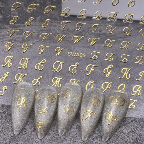 Retro English Letters Nail Stickers for Nail Art 8 Sheets 3D Self-Adhesive Black White Gold Silver Design Nail Decals Pegatinas Uñas Personalized ...