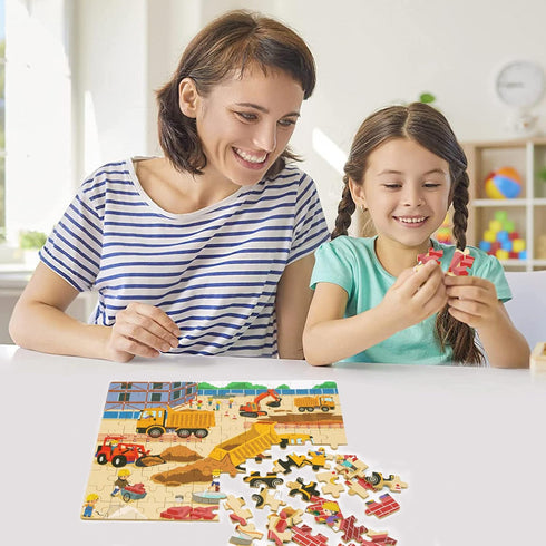 LELEMON 100 Pieces Jigsaw Puzzles in a Metal Box for Kids Age for 4-8 Boys Girls Toy Puzzles Construction Site Vehicles Children Learning Educatio...