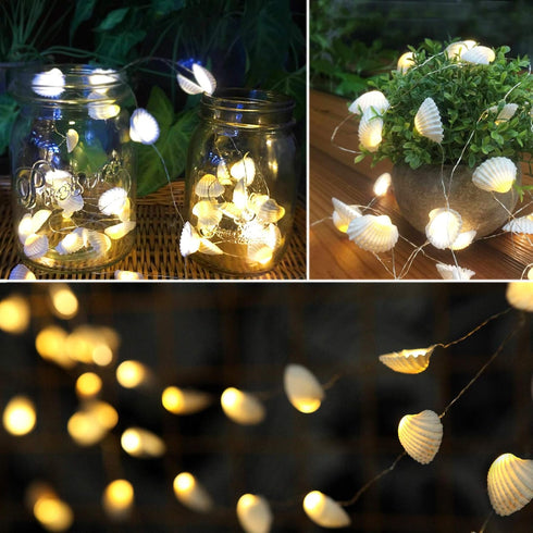 Natural Beach Seashell String Lights 13.85 Ft 40 Warm White LED Weatherproof Battery Operated 8 Modes Ocean Lights for Holiday Parties Bedrooms We...