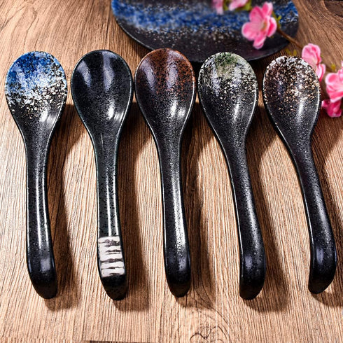 7 inch Japanese and Korean Ramen Spoon Set of 5, Asian Soup Spoon Chinese Soup Spoon Curved Handle Soup Spoon Long Handle Ceramic Miso Soup Spoons...