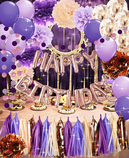 Purple Rose Gold Birthday Decorations for Women Purple Champagne Rose Gold Happy Birthday Balloons Rose Gold Confetti Balloons Girl Purple Birthda...