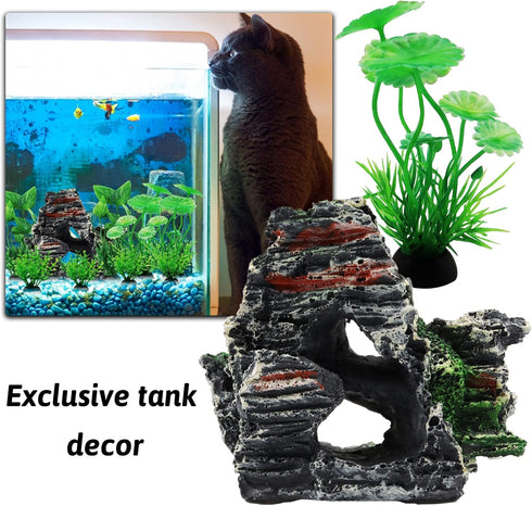 Aquarium Decorations Plants with Rockery View, Aquarium Decor Green Plants and Rock Cave Hideout Ornaments, Fish Tank Accessories, Fish Tank Plant...