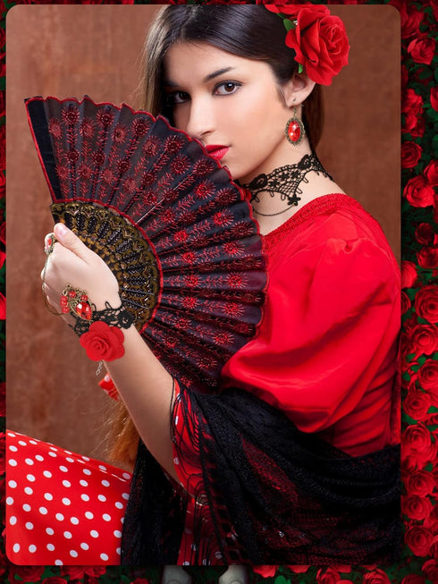 BBTO 5 Pcs Halloween Rose Flamenco Women Accessories Girl Rose Flower Hair Clip, Sequins Fabric Folding Fan, Lace Choker Necklace Bracelet Earring...