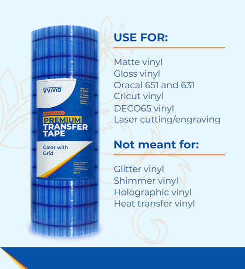 VViViD Premium Direct-Apply Transfer Tape Clear with Grid, Medium Tack for Crafting Vinyl, 12” x 50’ Easy-Apply Paper for Cricut, Sillhouette, Dec...