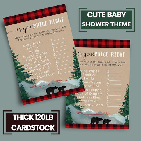 Mama Bear Baby Shower Games for Boys - Guess The Price is Right - 25 Cards - Fun Activities for Guests with Prizes - Lumberjack Theme in Red and B...