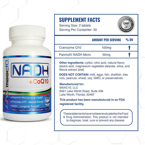 MAAC10 NADH + CoQ10 Supplement | Great Tasting Chewable Tablets | 50mg PANMOL® NADH + 100mg CoQ10 | for Fatigue, Energy and Mental Focus | NAD+ Su...