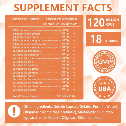 Probiotic Capsules, 60 Capsules 120 Billion CFU 18 Strains, Contains 3 Prebiotics, for Men & Women, Once Daily Probiotic Dietary Supplement, Boost...