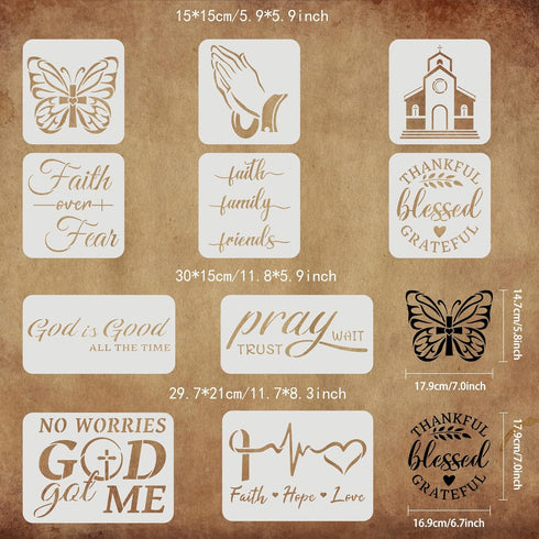 FINGERINSPIRE 10 Pcs 3 Size Christian Stencil Plastic Butterfly Pray Church Pattern Stencil Faith Hope Love,God is Good, Large Bible Sign Motivati...