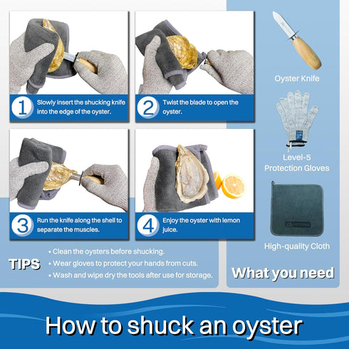 Oyster Shucking Knife and Glove Set -Oyster Shucker Kit with 2pcs Oyster Knife 1pair of Level5 Protection Gloves 1pc Kitchen Cloth-Seafood Opener ...