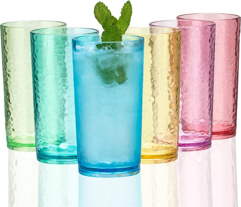 KX-WARE 20-ounce Acrylic Glasses Plastic Tumbler, set of 6 Multicolor - Hammered Style, Dishwasher Safe, BPA Free...