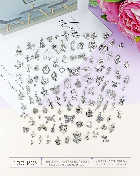 JIALEEY Wholesale Bulk Lots Jewelry Making Silver Charms Mixed Smooth Tibetan Silver Metal Charms Pendants DIY for Necklace Bracelet Jewelry Makin...