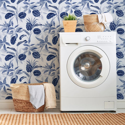 Palm Tree Leaf Navy Blue and White Floral Wallpaper Peel and Stick Tropical Wallpaper Jungle Contact Wall Paper Leaves Flower Watercolor Bathroom ...