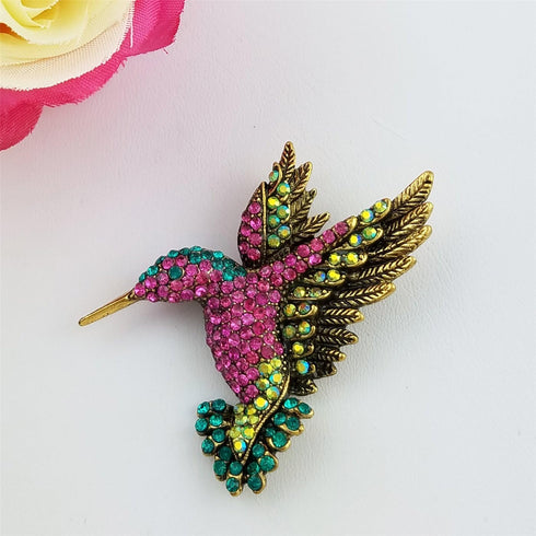SELOVO Antique Gold Tone Bird Hummingbird Multi Color Austrian Crystal Pin Brooch...
