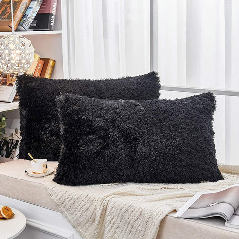 JAUXIO Long Faux Fur Soft Soild Decorative Pillowcase Fluffy Throw Pillow Cover Velvet Shaggy Plush Cushion Case Set of 2 Zipper Closure Queen Siz...