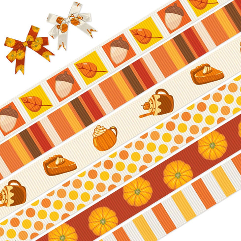 6 PCS Fall Grosgrain Ribbons 3/8" Fall Thanksgiving Decor Ribbons 5 Yards, Pumpkin Leaves Stripe Craft Ribbons for Autumn Thanksgiving Party Favor...