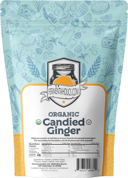Fermentaholics USDA Certified Organic Dried Candied Ginger 7 oz - Perfect For Secondary Fermentation & Kombucha Flavoring...