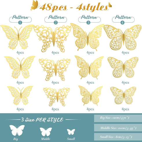 3D Gold Butterfly Wall Decor 3 Sizes 4 Styles Butterfly Party Decorations Cake Decorations Removable Stickers Wall Decor Room Mural Metallic Kids ...