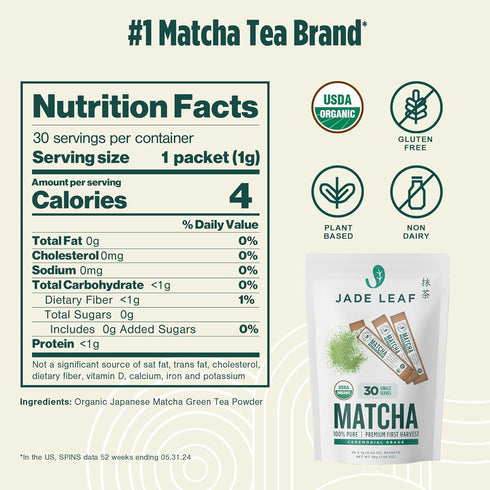 Jade Leaf Matcha Organic Ceremonial Grade Green Tea Powder - Farm Direct First Harvest - Single Serve Stick Packs - Authentic Japanese Origin (30 ...