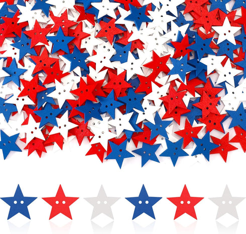 JUNEBRUSHS 260pcs Patriotic Star Buttons, 4th of July Red White and Blue Star Wooden Buttons for Sewing Clothes Accessories Crafts Independence Da...