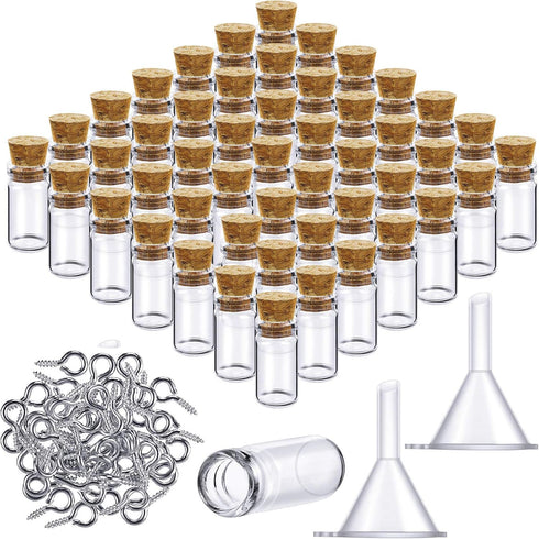 Yungyan 50 Pieces Small Mini Glass Bottles Jars with Cork Stoppers Set, Tiny Cork Glass Bottles with Eye Screws and Small Funnel for Decoration, A...