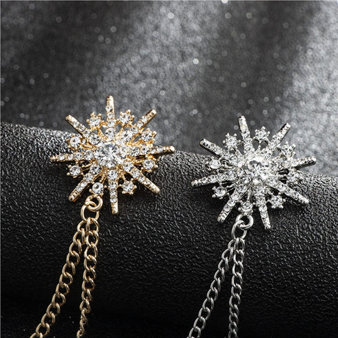 Snowflake Rhinestone Brooches, Hanging Chain Tassel Badge, Gold Silver Snowflake Long-chain Brooches Shirt Collar Lapel Pin for Men Women Suit Acc...