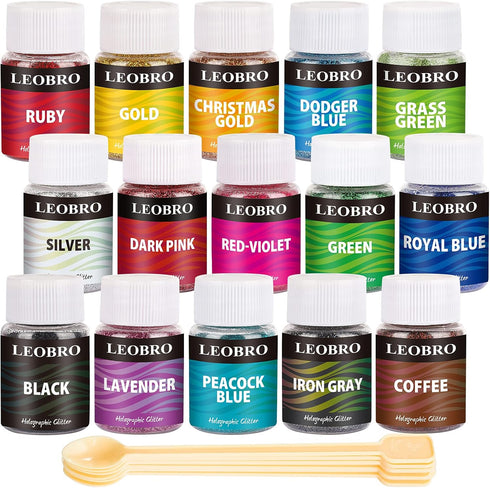 LEOBRO Holographic Fine Glitter, 15 Colors Fine Glitter for Crafts, Resin, Jewelry Art Crafts Making, Nail Body, with 10 PCS Stir Spoons...