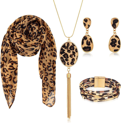 4 Pcs Leopard Print Scarf and Jewelry Set Women Cheetah Wrap Shawl Dangle Earrings Leather Necklace Multilayer Bracelet Bohemia Leopard Print Acce...