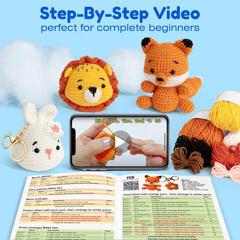 Mocoosy 3PCS Animal Crochet Kit for Beginners, Learn to Crochet Starter Kit for Kids Adults, Crochet Set with Step-by-Step Video Tutorials, DIY Kn...