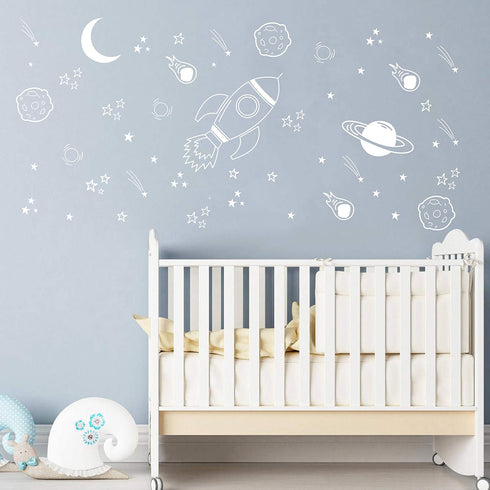 Space Wall Decal for Nursery, Outer Space Decor, Rocket Ship, Boy Room Decor, Planets for Baby Boys Nursery A37 (White)...