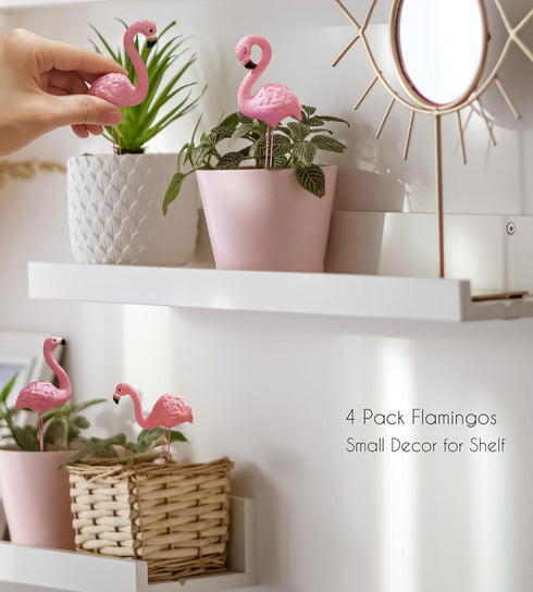 Mini Flamingos Figurines with Stakes - Set of 4 Small Flamingos Garden Gifts for Women Resin for Flower/Plant Pot Decorations - Miniature Fairy Ga...