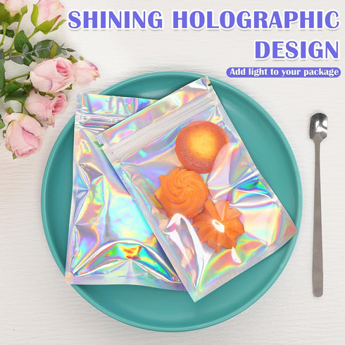 JETMORE 100 Pcs Mylar Bags, Smell Proof Bags with Clear Window, Holographic Bags for Snack, Cookie, Jewelry, Candy, Gift, Resealable Bags for Smal...