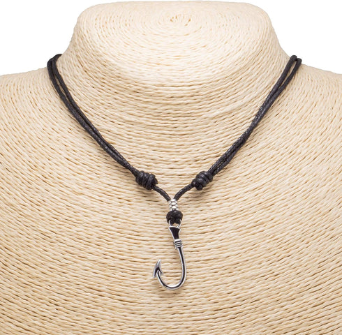 BlueRica Fish Hook on Adjustable Black Cord Necklace (Chrome Finish)...