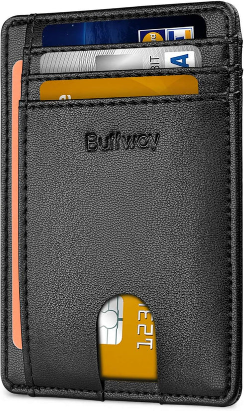 Buffway Slim Minimalist Front Pocket RFID Blocking Leather Wallets for Men and Women - Sand Black...