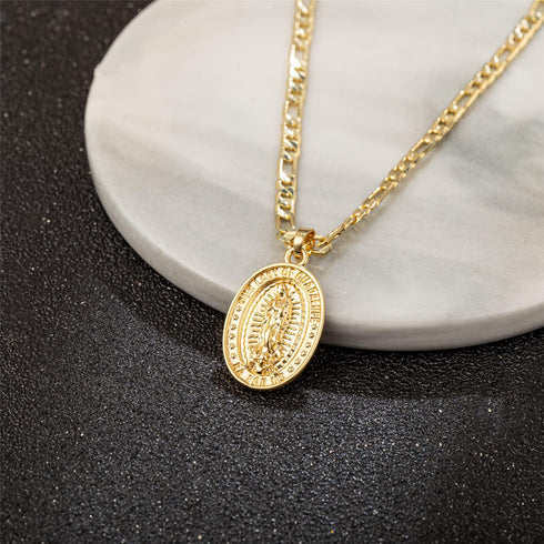14K Gold Plated Virgin Mary Guadalupe Pendant Necklace for Women Men 3mm Flat Figaro Chain Necklace 18/22 inches...